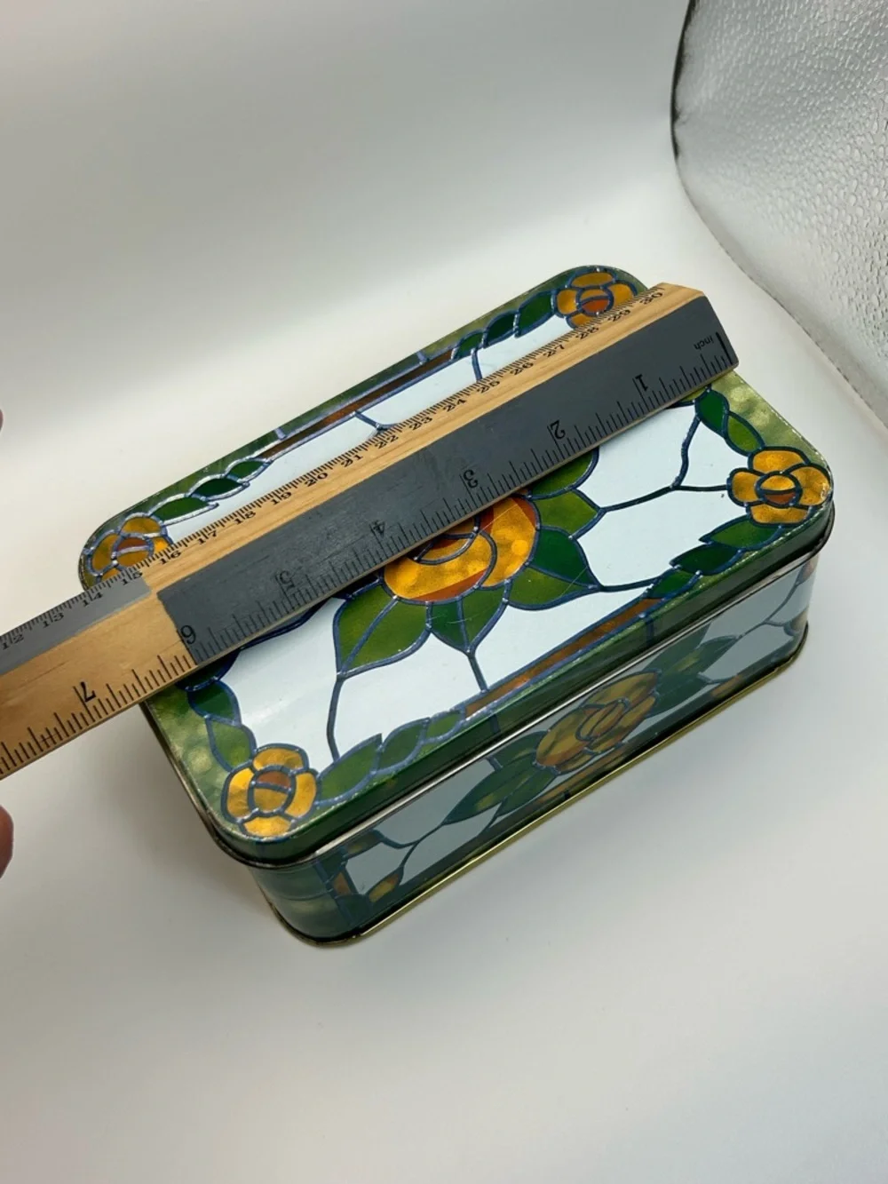 Vintage Stained glass Rose Tin Rectangular Storage Box Green White Orange Yellow
